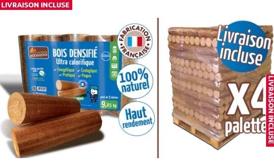 Bûches calorifiques WOODSTOCK 4 palettes, 416 sacs de 5 bûches