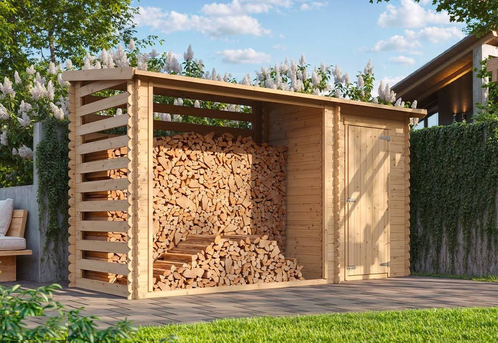 Abri bûches + remise fermée en bois brut – 3,5 x 1,3 m – Hauteur 2 m – Timbela