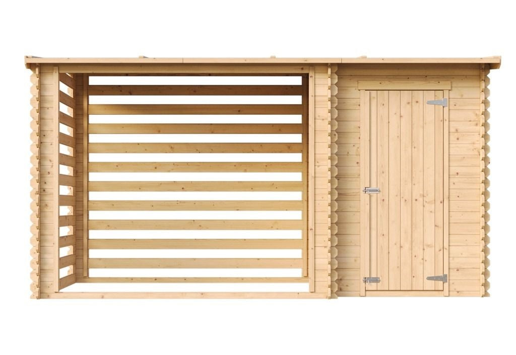 Abri bûches + remise fermée en bois brut – 3,5 x 1,3 m – Hauteur 2 m – Timbela