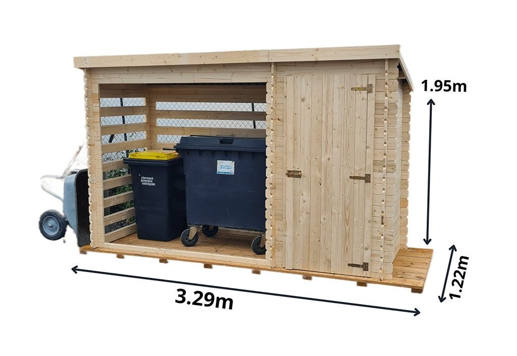 Abri-bûches bois brut 2 m² avec abri fermé – 3,29 x 1,22 m – Habrita