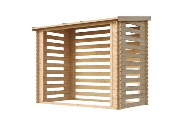 Abri bûches + remise fermée en bois brut – 3,5 x 1,3 m – Hauteur 2 m – Timbela